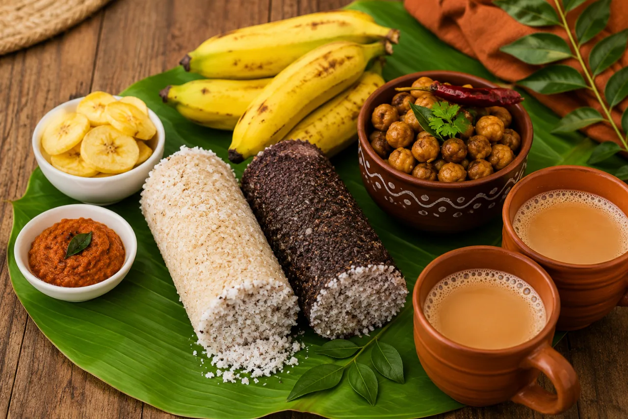 Traditional South Indian Breakfast on Banana Leaf with Tea, Chickpeas and Bananas