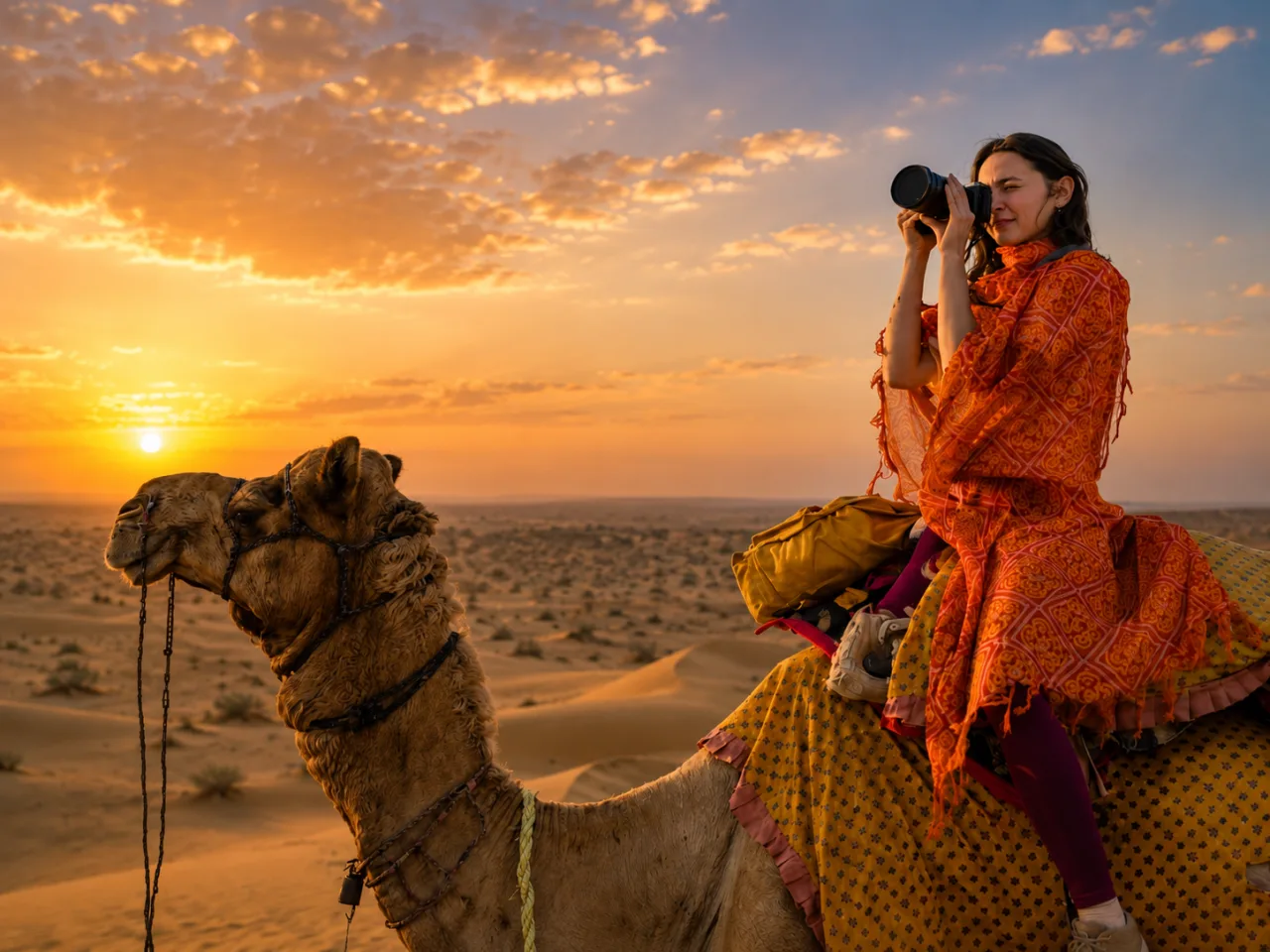 Desert Camel Safari at Sunset – Travel Photographer Exploring Golden Sand Dunes | AI Travel Image