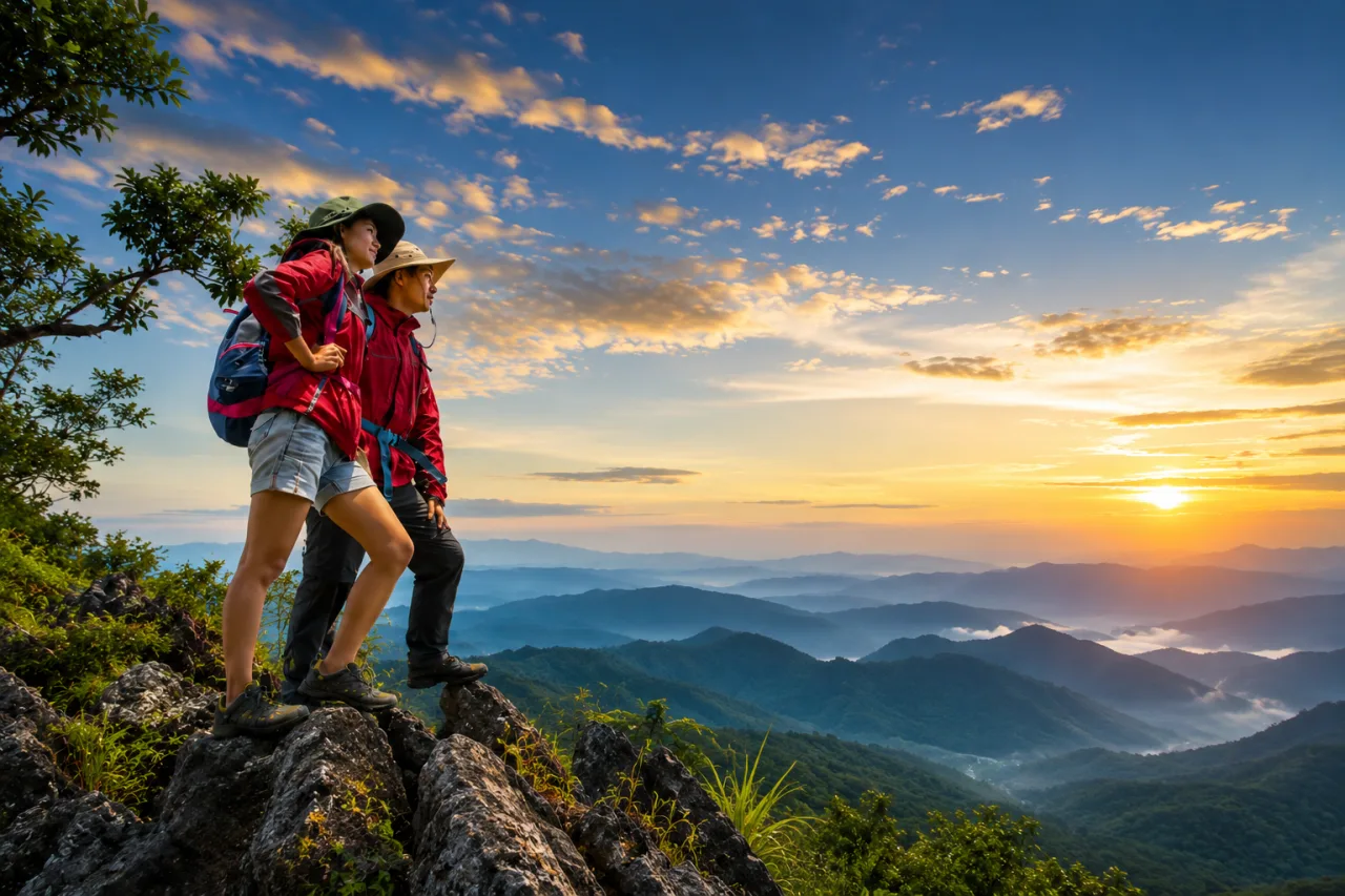 Adventure Hikers Standing on Mountain Peak at Golden Sunset
