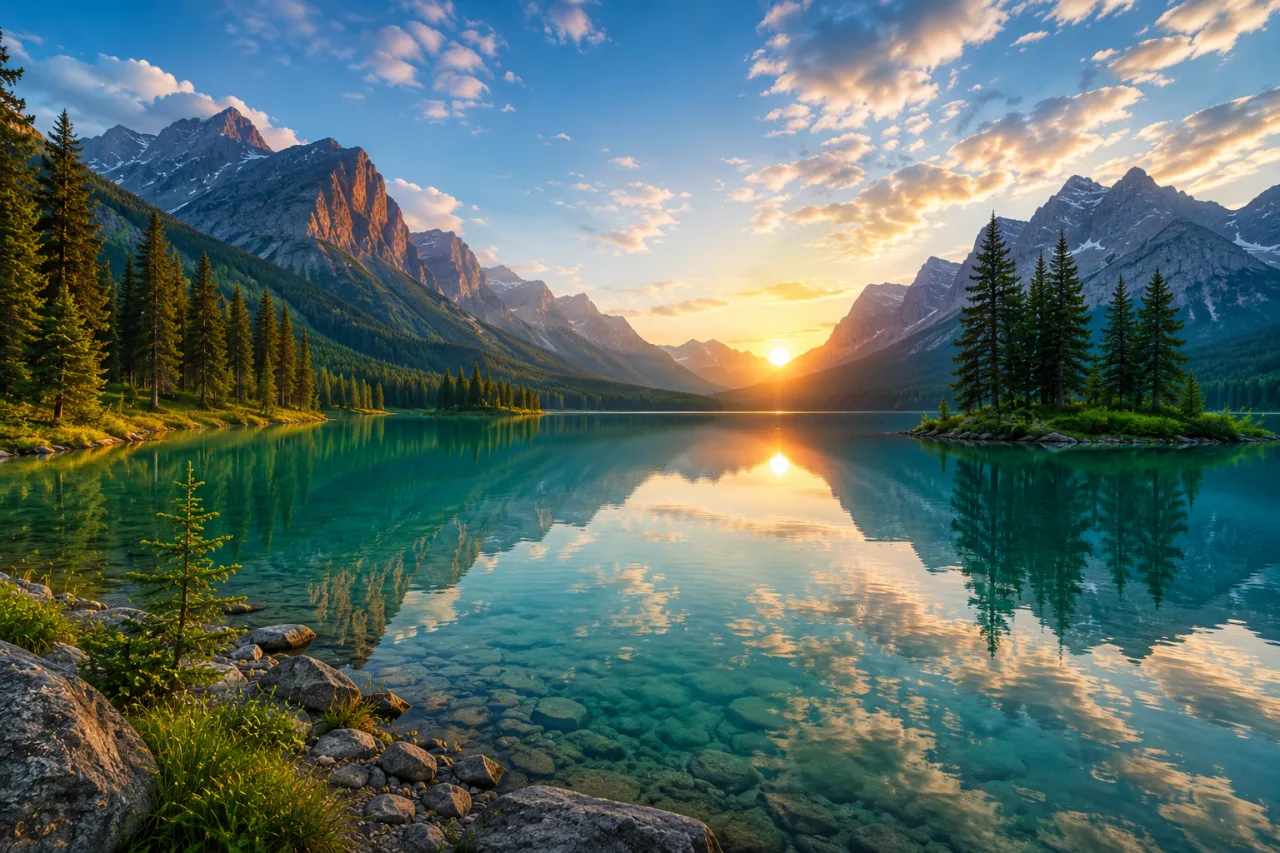Crystal Clear Alpine Lake with Mountain Reflections | AI Nature Image