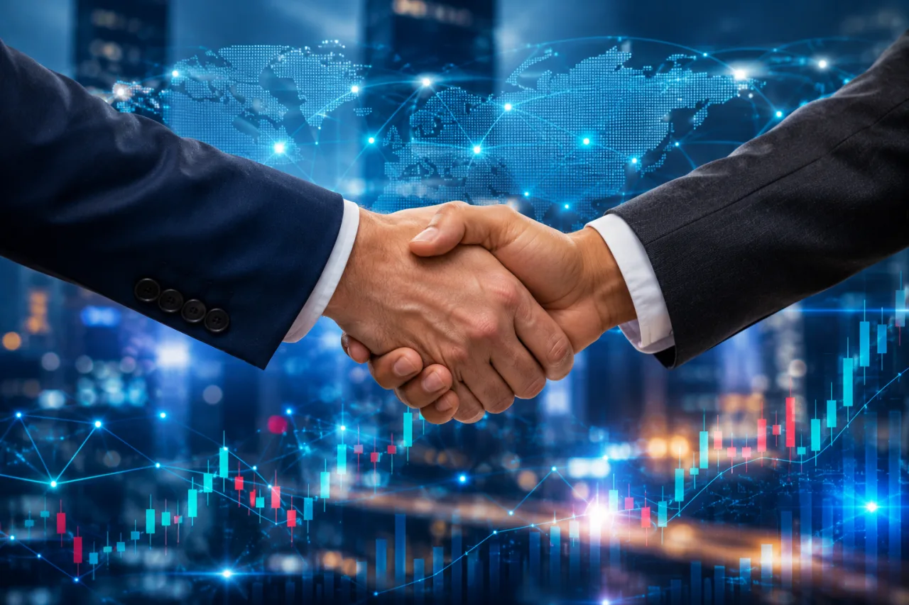 Business Partnership Handshake with Global Network Connection and Stock Market Technology Concept