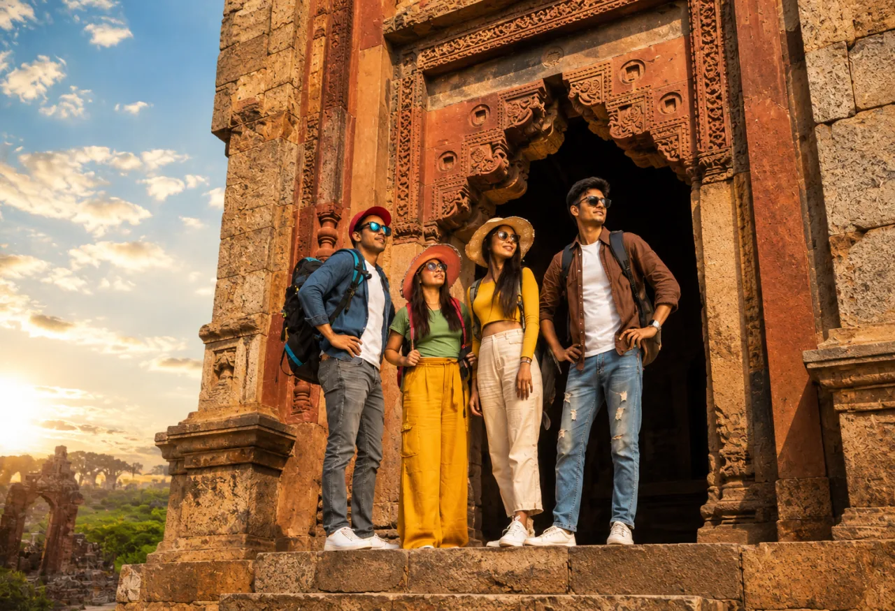 Friends Exploring Ancient Heritage Monument at Golden Hour | AI Travel Image