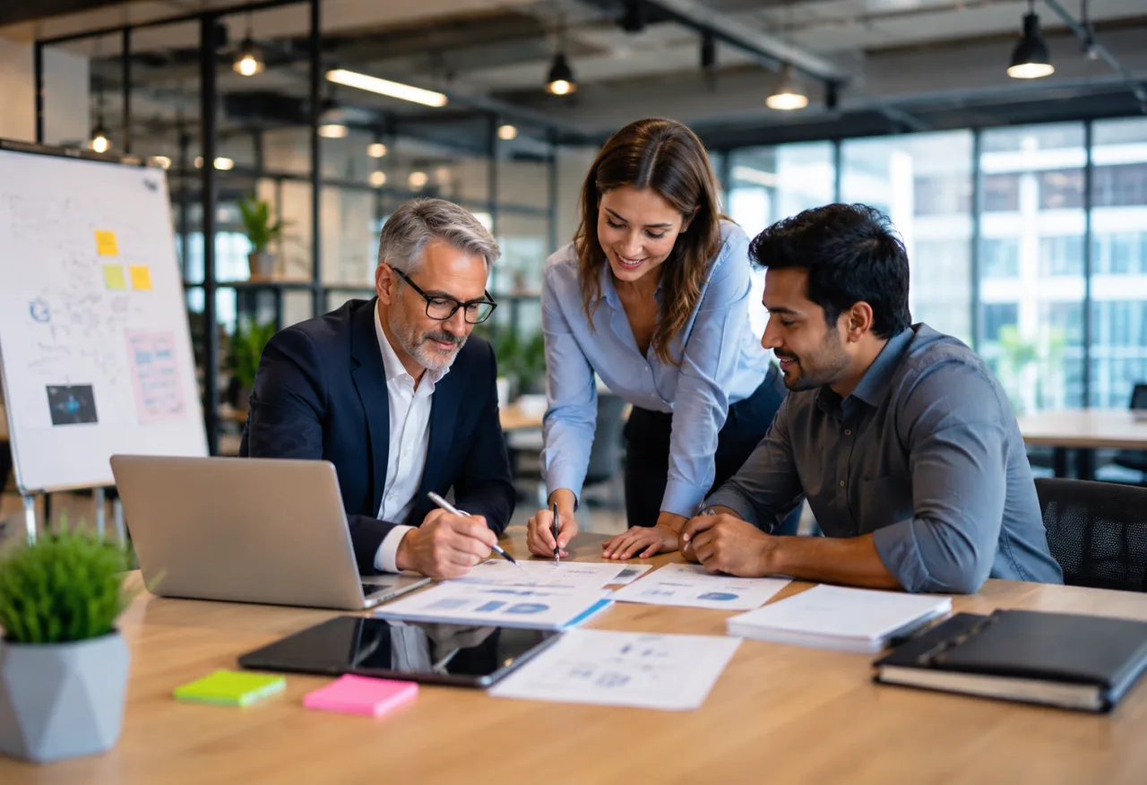 Business Team Analyzing Reports in Modern Office | AI Business Image