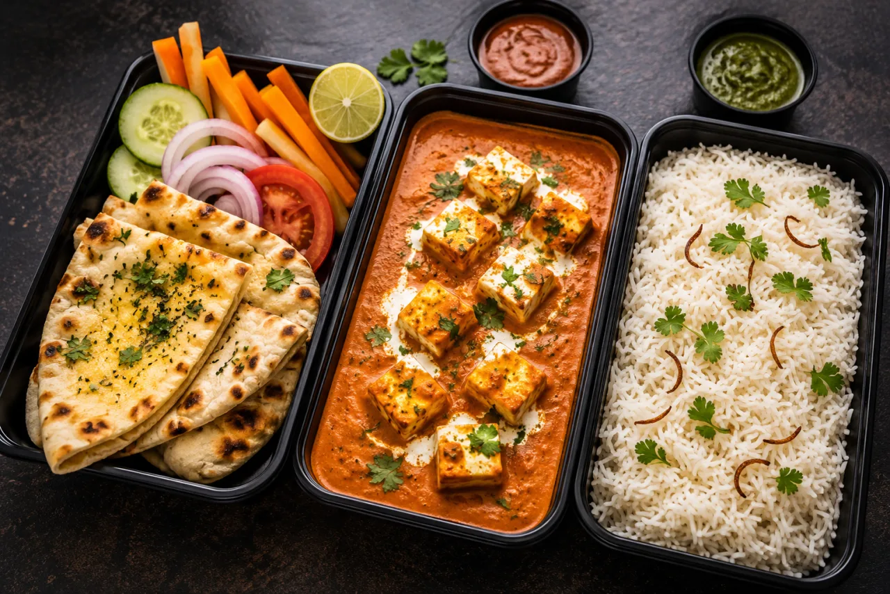Paneer Butter Masala Meal with Basmati Rice & Garlic Naan | AI Food Image