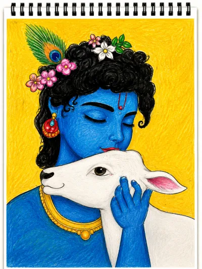Lord Krishna with Calf – Hand-Drawn Devotional Folk Art Illustration