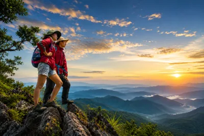 Adventure Hikers Standing on Mountain Peak at Golden Sunset