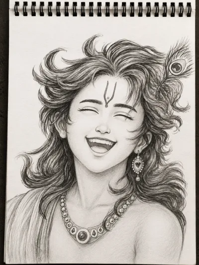 Smiling Lord Krishna – Hyperrealistic Hand-Drawn Graphite Pencil Sketch
