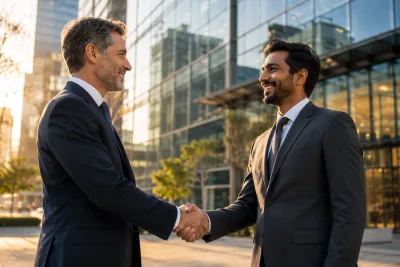 Successful Business Partnership Handshake Outside Modern Corporate Office at Golden Hour