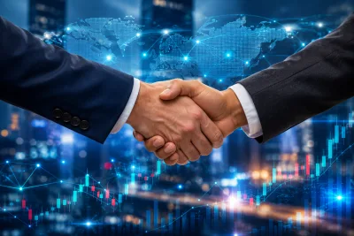 Business Partnership Handshake with Global Network Connection and Stock Market Technology Concept