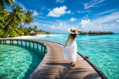 Luxury Tropical Resort Boardwalk Over Crystal Clear Lagoon | AI Travel Image