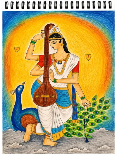 Goddess Saraswati with Veena and Peacock – Hand-Drawn Traditional Indian Art