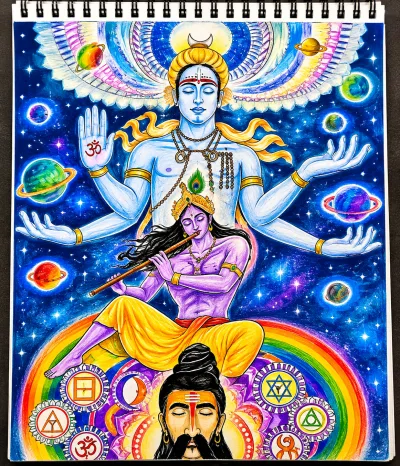 Cosmic Hindu Trinity – Hand-Drawn Spiritual Mythology Illustration