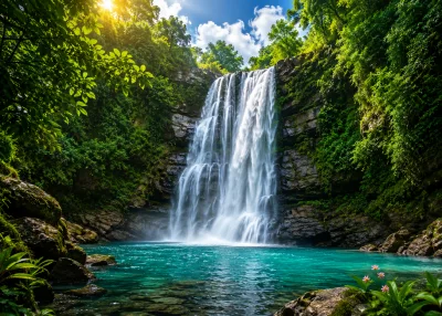 Majestic Tropical Waterfall in Lush Green Forest | AI Nature Image