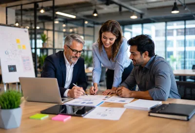 Business Team Analyzing Reports in Modern Office | AI Business Image